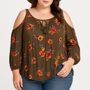 Daytrip Boho Floral Tassel Peasant Blouse 2X Cold Shoulder Long Sleeve Festival